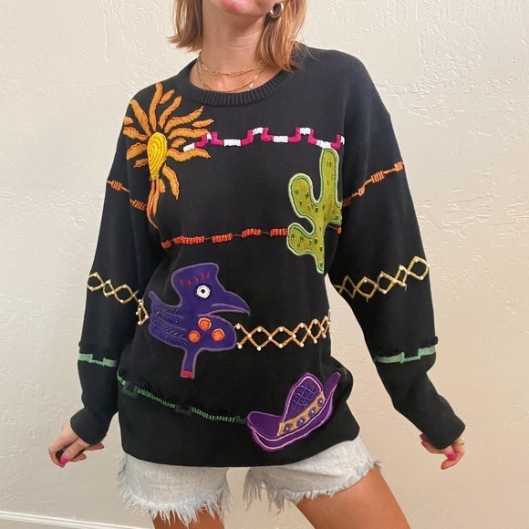 Vintage 1990's Desert Embroidered Funky Black Knit Sweater - Picture 3 of 6